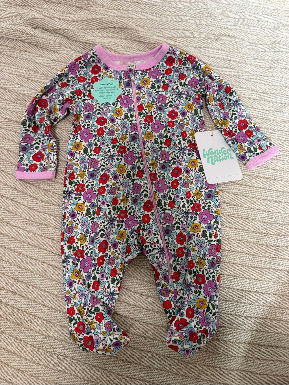 Wonder Nation Pink Floral Zip-Front Baby One-Piece